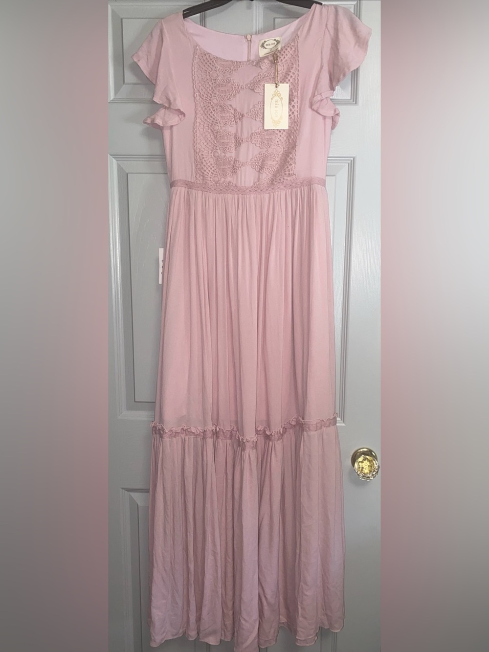 Mia Joy Soft Pink Cottage Core Ruffle Sleeve Maxi Dress size 0 or girls 14 NWT